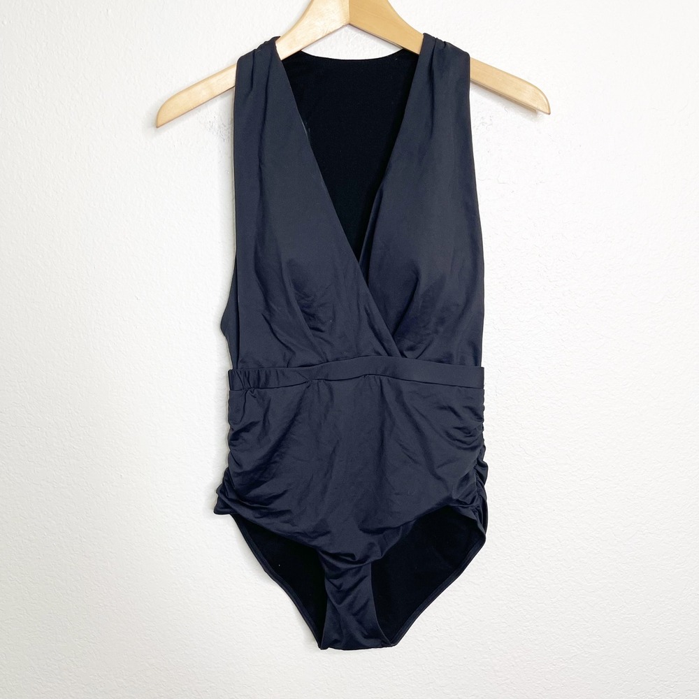 Sunseeker Black One Piece Swimsuit V-Neck Ruched Racerback Size US 10
